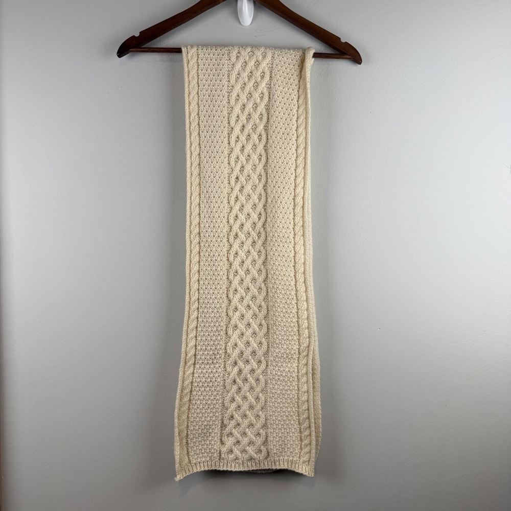Monaghan 100% Merino Wool Clan Aran of Ireland Scarf OS Cream Cable Knit Celtic